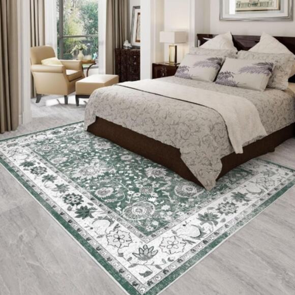 5’x7’ Washable Area Rug Machine Washable Vintage Carpet, Green - Picture 2 of 7